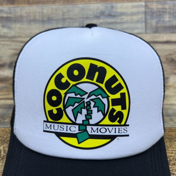 Defunct Coconuts Music And Movies Mens Trucker Hat Black Snapback Baseball Cap - Picture 3 of 8